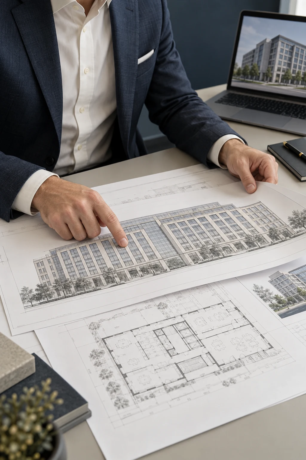 Architekt omawia elewację i rzut budynku biurowego